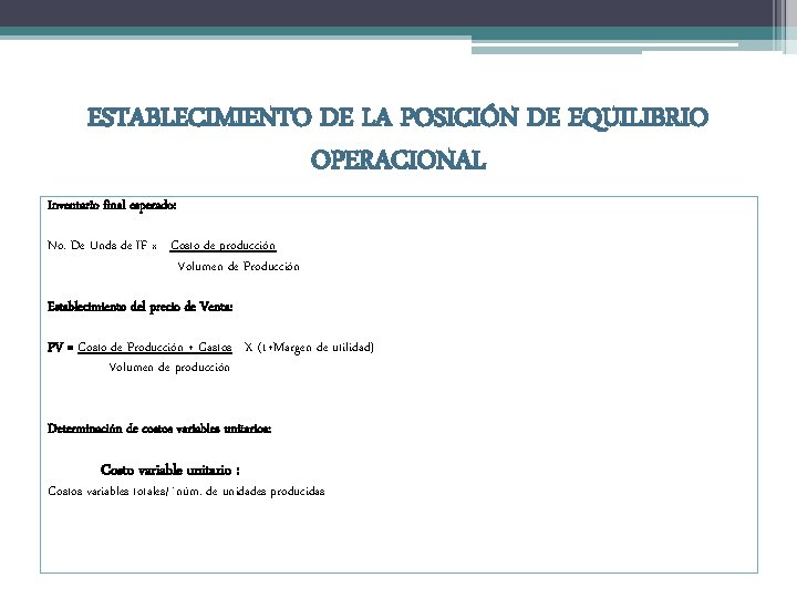 ESTABLECIMIENTO DE LA POSICIÓN DE EQUILIBRIO OPERACIONAL Inventario final esperado: No. De Unds de