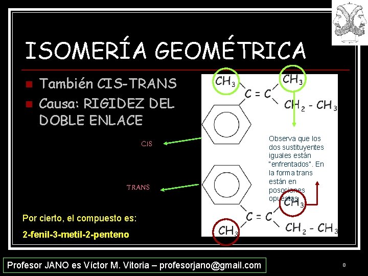 ISOMERÍA GEOMÉTRICA n n También CIS-TRANS Causa: RIGIDEZ DEL DOBLE ENLACE CIS TRANS Observa