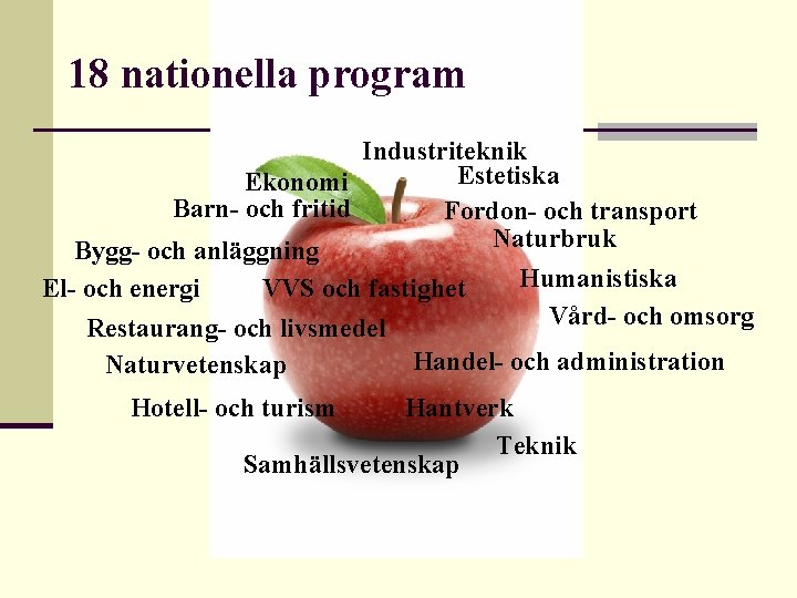 18 nationella program Industriteknik Estetiska Ekonomi Barn- och fritid Fordon- och transport Naturbruk Bygg-