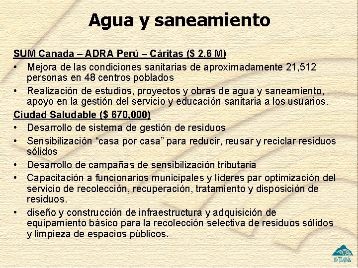 Agua y saneamiento SUM Canada – ADRA Perú – Cáritas ($ 2, 6 M)