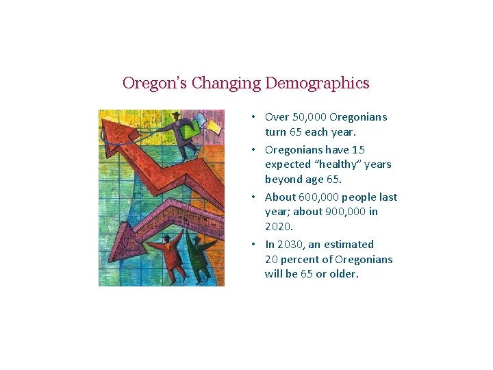 Oregon’s Changing Demographics • Over 50, 000 Oregonians turn 65 each year. • Oregonians