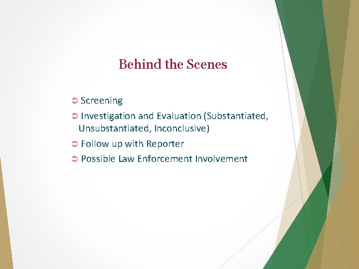 Behind the Scenes Screening Investigation and Evaluation (Substantiated, Unsubstantiated, Inconclusive) Follow up with Reporter