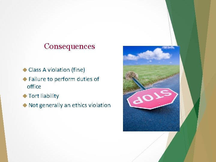 Consequences Class A violation (fine) Failure to perform duties of office Tort liability Not