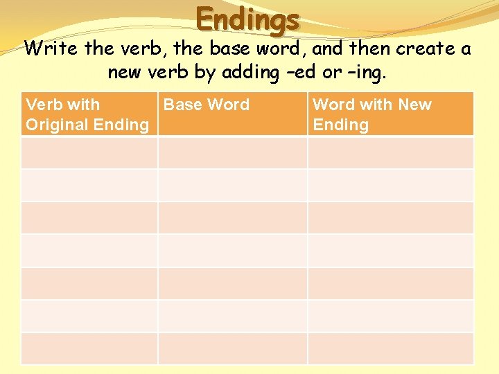 Endings Write the verb, the base word, and then create a new verb by