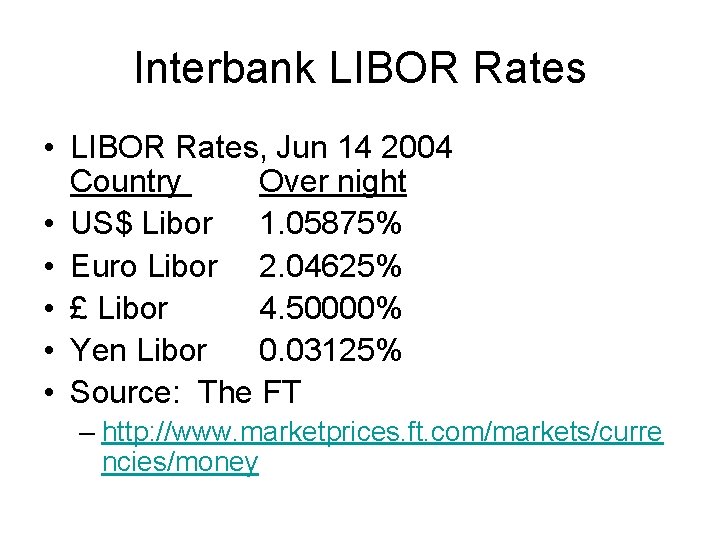 Interbank LIBOR Rates • LIBOR Rates, Jun 14 2004 Country Over night • US$
