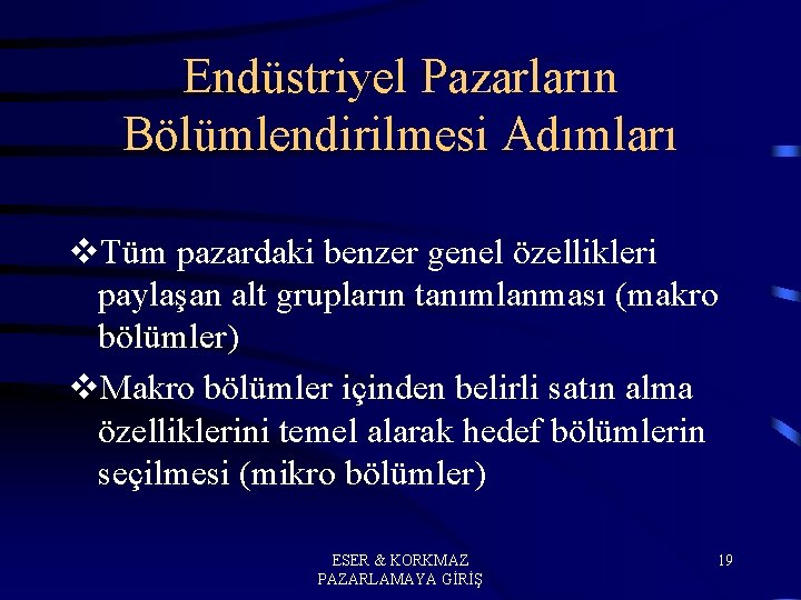 Endüstriyel Pazarların Bölümlendirilmesi Adımları v. Tüm pazardaki benzer genel özellikleri paylaşan alt grupların tanımlanması