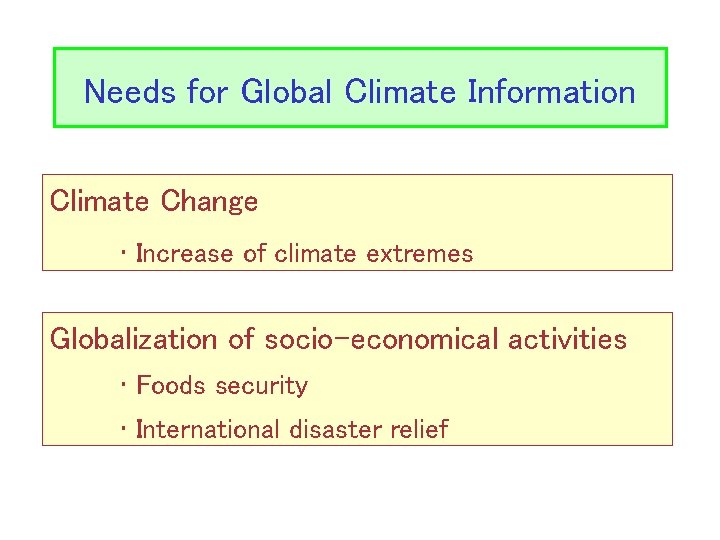 Needs for Global Climate Information Climate Change • Increase of climate extremes Globalization of