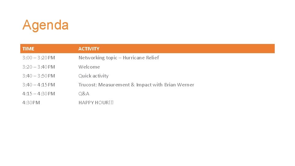 Agenda TIME ACTIVITY 3: 00 – 3: 20 PM Networking topic – Hurricane Relief