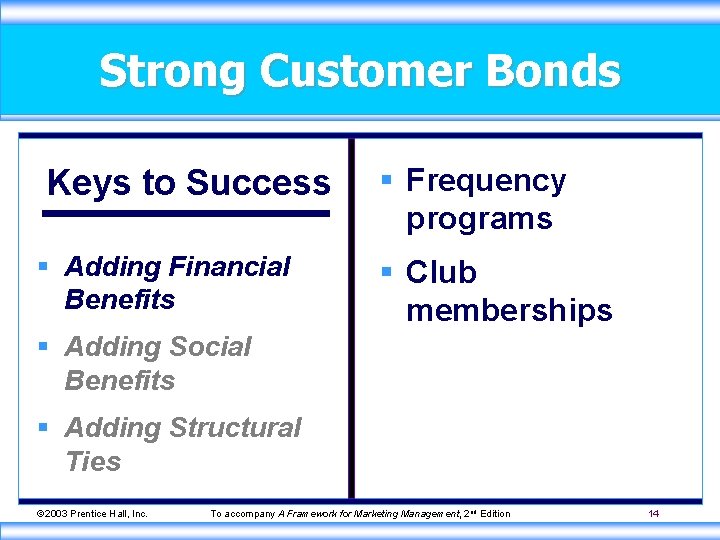 Strong Customer Bonds Keys to Success § Adding Financial Benefits § Frequency programs §