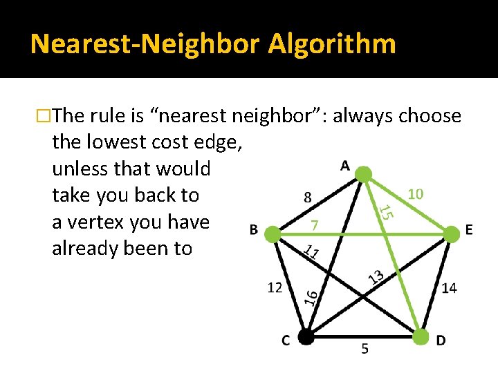 Nearest-Neighbor Algorithm �The rule is “nearest neighbor”: always choose the lowest cost edge, unless