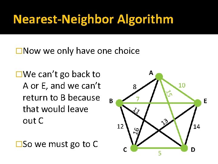 Nearest-Neighbor Algorithm �Now we only have one choice �We can’t go back to A