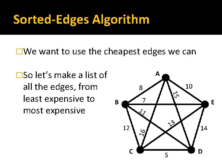 Sorted-Edges Algorithm �We want to use the cheapest edges we can �So let’s make