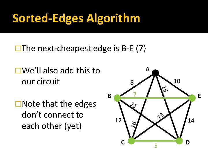 Sorted-Edges Algorithm �The next-cheapest edge is B-E (7) �We’ll also add this to our