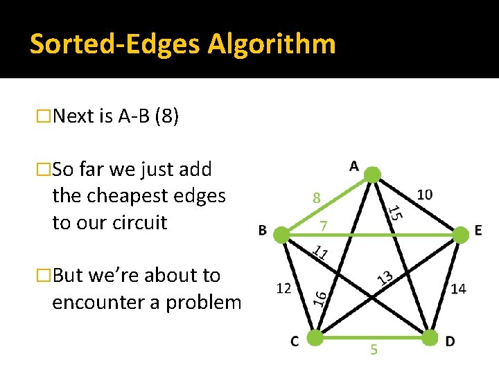 Sorted-Edges Algorithm �Next is A-B (8) �So far we just add the cheapest edges