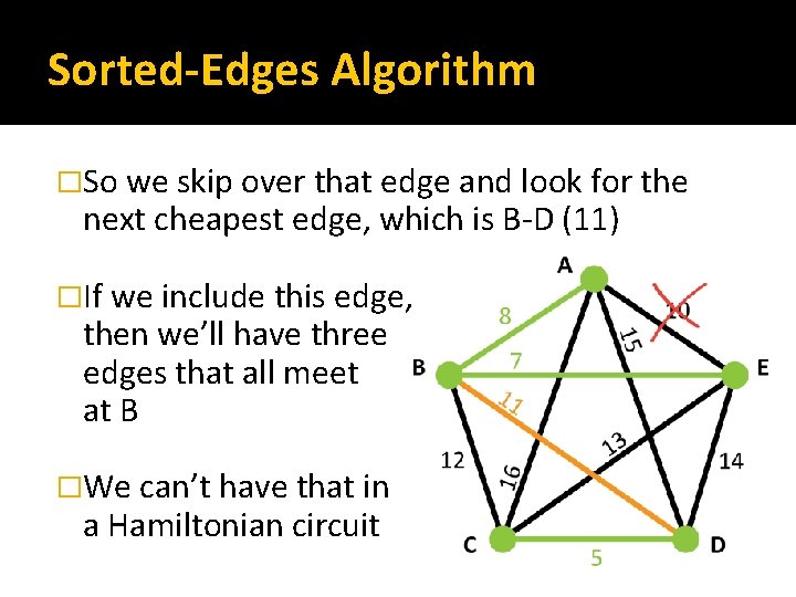 Sorted-Edges Algorithm �So we skip over that edge and look for the next cheapest