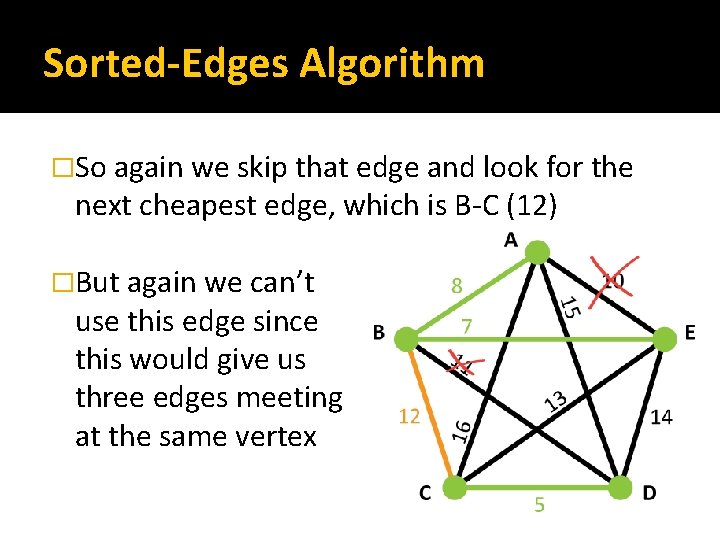 Sorted-Edges Algorithm �So again we skip that edge and look for the next cheapest