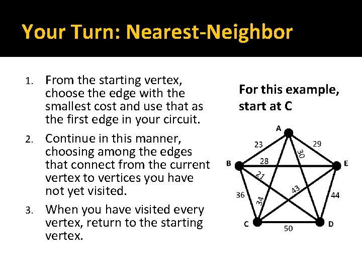 Your Turn: Nearest-Neighbor From the starting vertex, choose the edge with the smallest cost