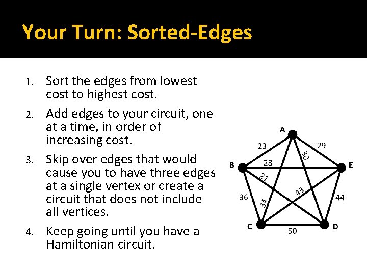 Your Turn: Sorted-Edges Sort the edges from lowest cost to highest cost. 2. Add