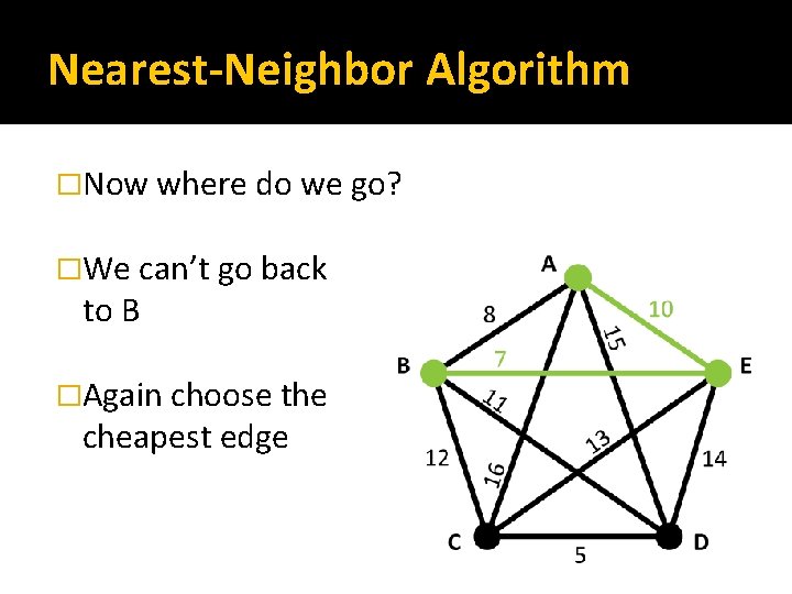 Nearest-Neighbor Algorithm �Now where do we go? �We can’t go back to B �Again