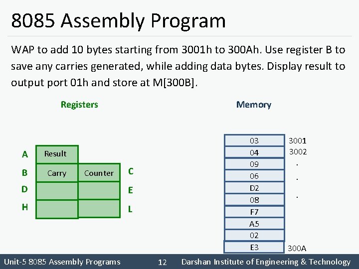 8085 Assembly Program WAP to add 10 bytes starting from 3001 h to 300