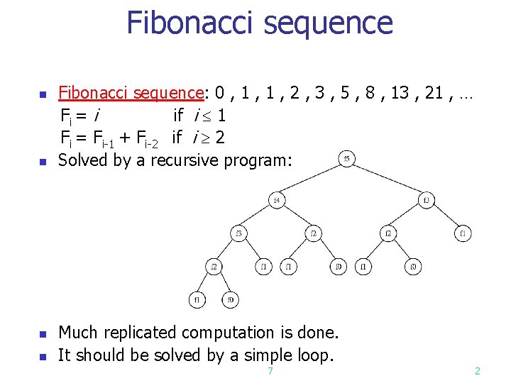 Fibonacci sequence: 0 , 1 , 2 , 3 , 5 , 8 ,