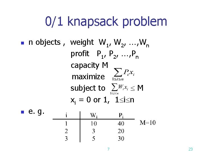 0/1 knapsack problem n objects , weight W 1, W 2, , Wn profit