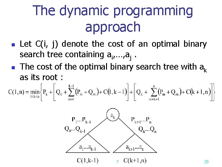 The dynamic programming approach n n Let C(i, j) denote the cost of an