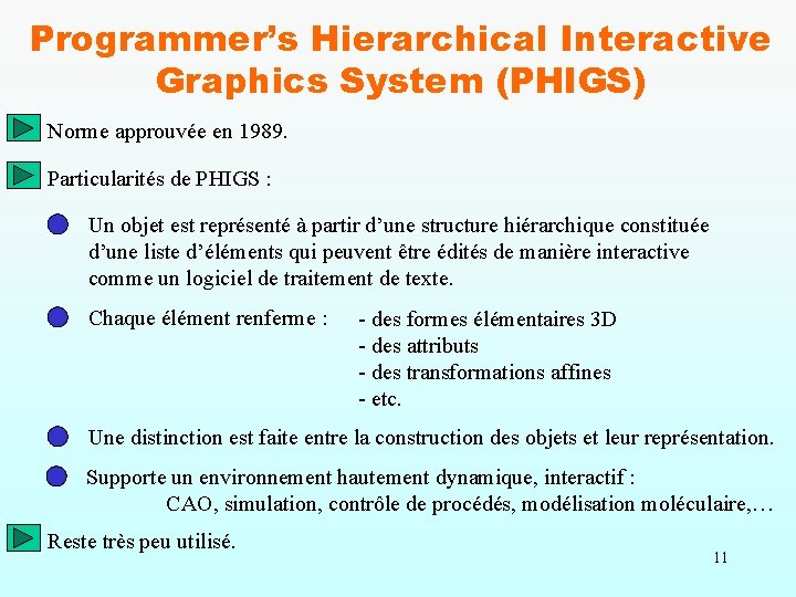 Programmer’s Hierarchical Interactive Graphics System (PHIGS) Norme approuvée en 1989. Particularités de PHIGS :