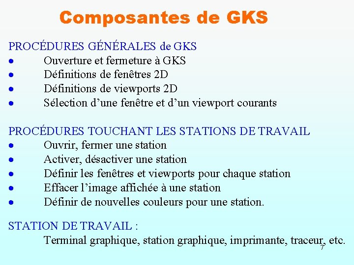 Composantes de GKS PROCÉDURES GÉNÉRALES de GKS Ouverture et fermeture à GKS Définitions de