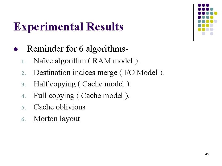 Experimental Results Reminder for 6 algorithms- l 1. 2. 3. 4. 5. 6. Naïve