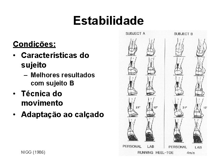 Estabilidade Condições: • Características do sujeito – Melhores resultados com sujeito B • Técnica