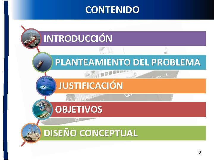 CONTENIDO MARCO JURÍDICO INTRODUCCIÓN PLANTEAMIENTO DEL PROBLEMA JUSTIFICACIÓN OBJETIVOS DISEÑO CONCEPTUAL 2 