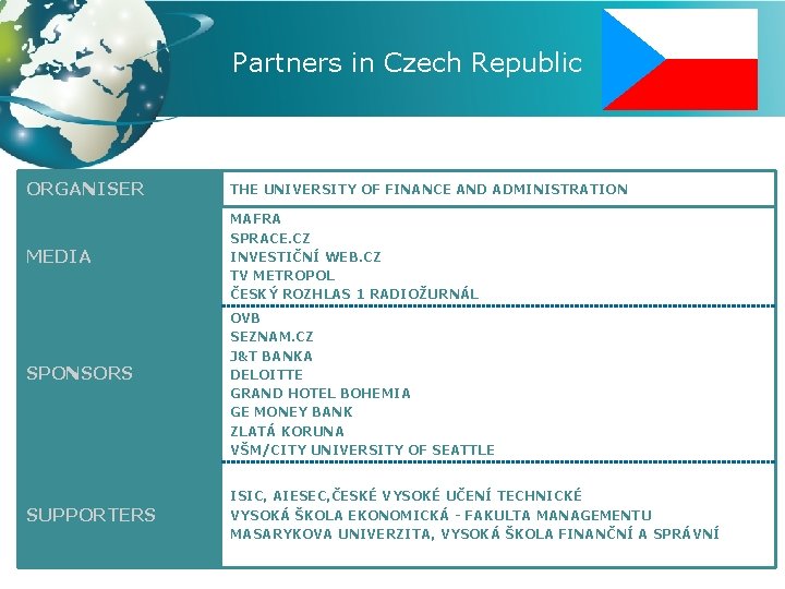 Partners in Czech Republic ORGANISER THE UNIVERSITY OF FINANCE AND ADMINISTRATION MEDIA MAFRA SPRACE.
