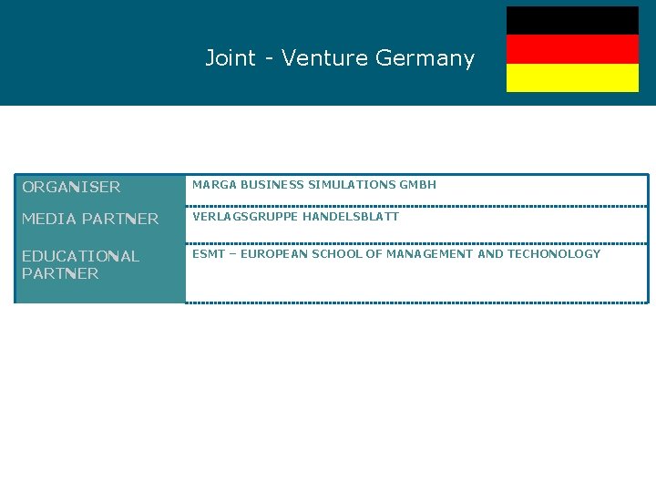 Joint - Venture Germany ORGANISER MARGA BUSINESS SIMULATIONS GMBH MEDIA PARTNER VERLAGSGRUPPE HANDELSBLATT EDUCATIONAL
