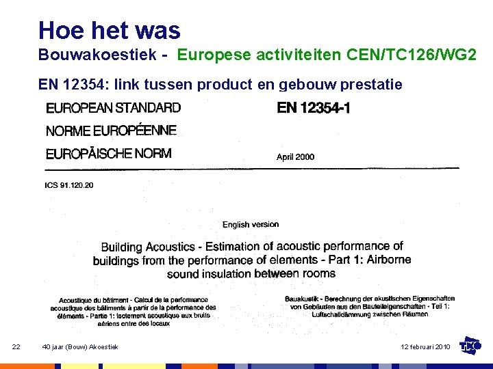 Hoe het was Bouwakoestiek - Europese activiteiten CEN/TC 126/WG 2 EN 12354: link tussen