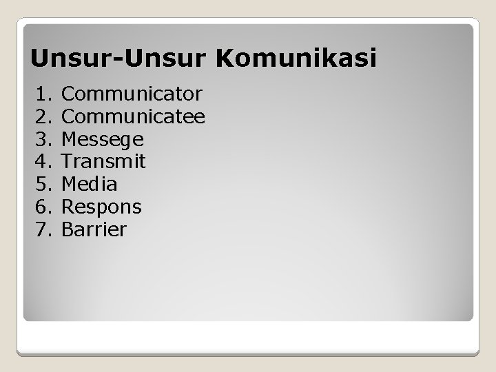 Unsur-Unsur Komunikasi 1. 2. 3. 4. 5. 6. 7. Communicator Communicatee Messege Transmit Media