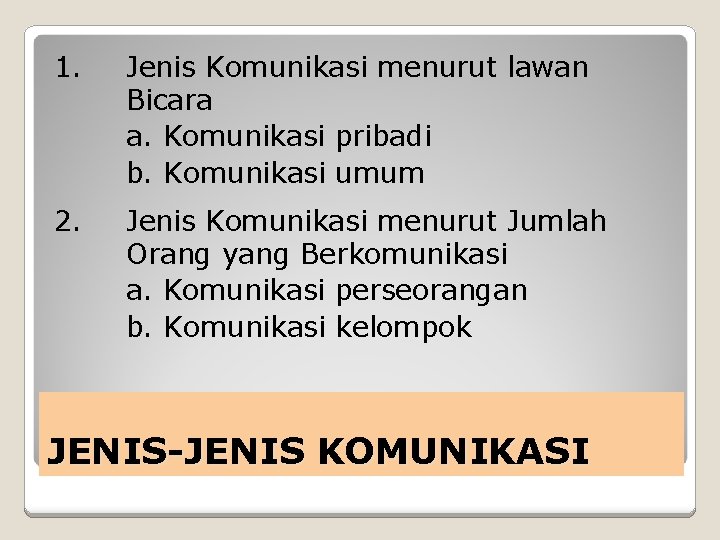 1. Jenis Komunikasi menurut lawan Bicara a. Komunikasi pribadi b. Komunikasi umum 2. Jenis