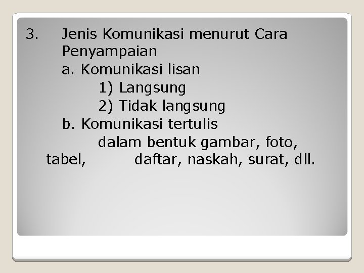 3. Jenis Komunikasi menurut Cara Penyampaian a. Komunikasi lisan 1) Langsung 2) Tidak langsung