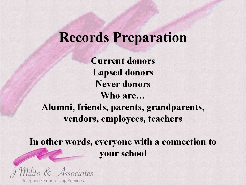 Records Preparation Current donors Lapsed donors Never donors Who are… Alumni, friends, parents, grandparents,