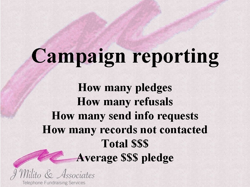 Campaign reporting How many pledges How many refusals How many send info requests How