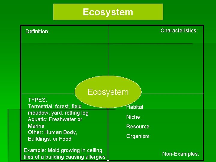 Ecosystem Characteristics: Definition: Ecosystem TYPES: Terrestrial: forest, field meadow, yard, rotting log Aquatic: Freshwater