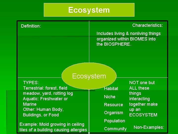 Ecosystem Characteristics: Definition: Includes living & nonliving things organized within BIOMES into the BIOSPHERE.