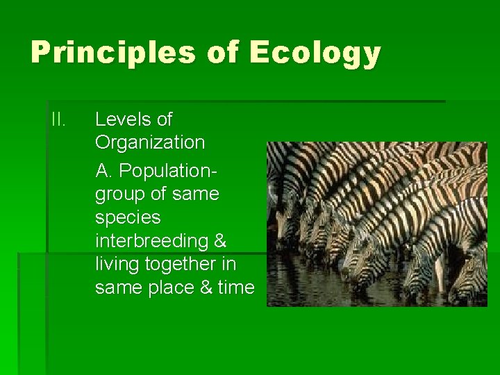 Principles of Ecology II. Levels of Organization A. Populationgroup of same species interbreeding &