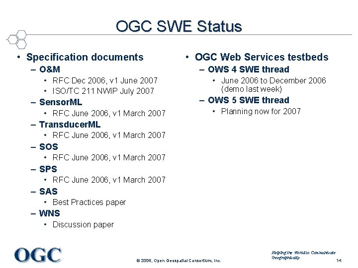 OGC SWE Status • Specification documents – O&M • OGC Web Services testbeds –