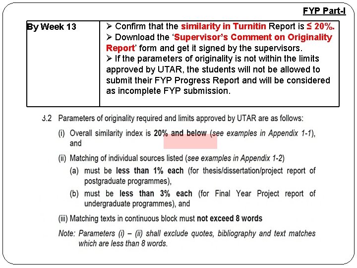 FYP Part-I By Week 13 Ø Confirm that the similarity in Turnitin Report is