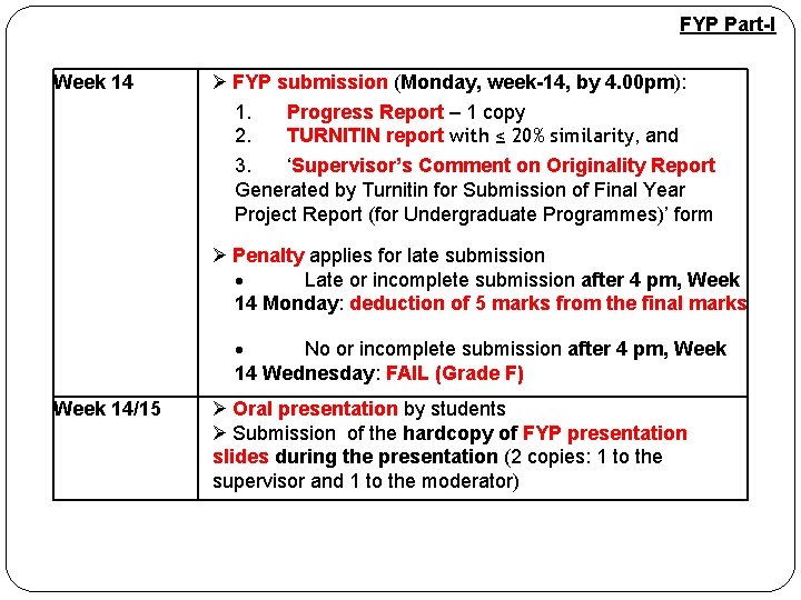 FYP Part-I Week 14 Ø FYP submission (Monday, week-14, by 4. 00 pm): 1.