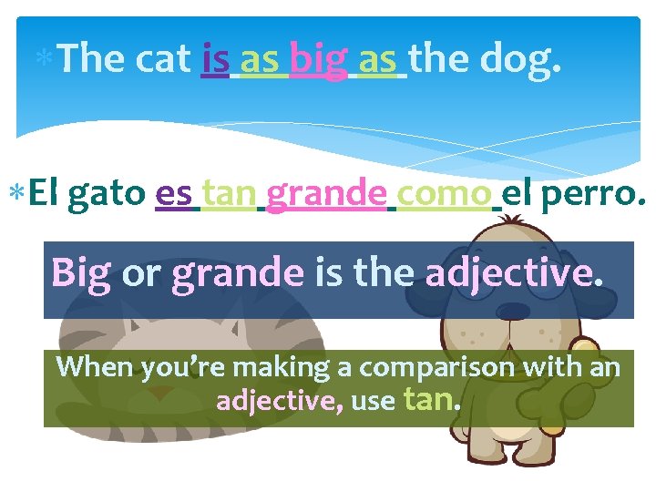  The cat is as big as the dog. El gato es tan grande
