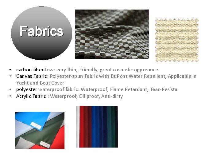 Fabrics • carbon fiber tow: very thin, friendly, great cosmetic appreance • Canvas Fabric: