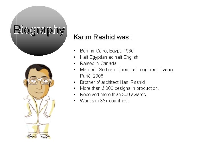 Biography Karim Rashid was : • • Born in Cairo, Egypt. 1960 Half Egyptian