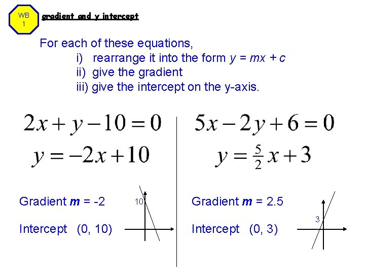 WB 1 gradient and y intercept For each of these equations, i) rearrange it